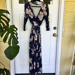 Elegant Floral Wrap Dress in Navy and Cream